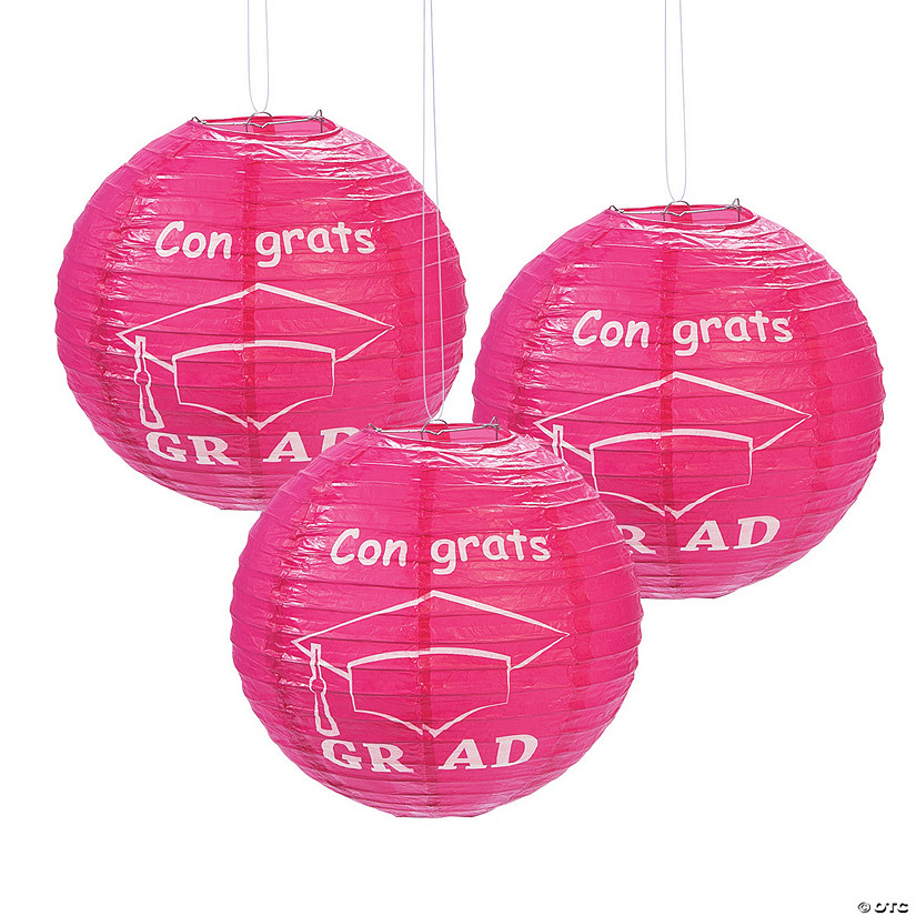 12" Hot Pink Congrats Grad Hanging Paper Lanterns - 6 Pc. Image