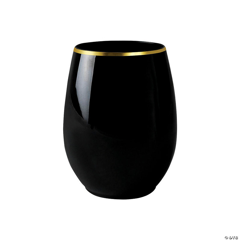 12 oz. Black with Gold Elegant Stemless Plastic Wine Glasses (32 Glasses) Image