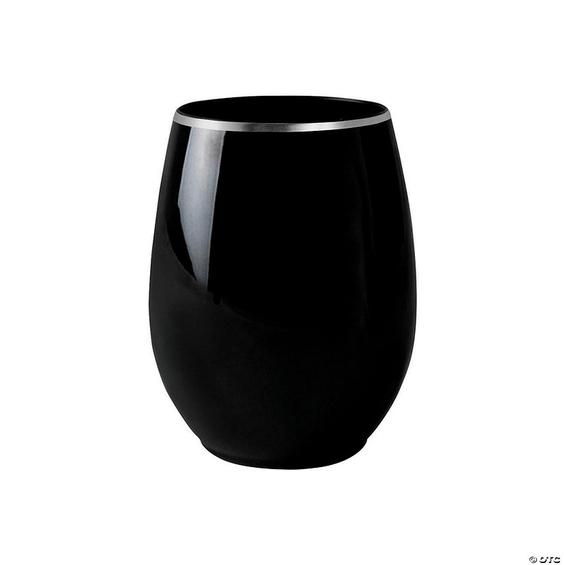 12 oz. Black with Silver Elegant Stemless Plastic Wine Glasses (32 Glasses) Image