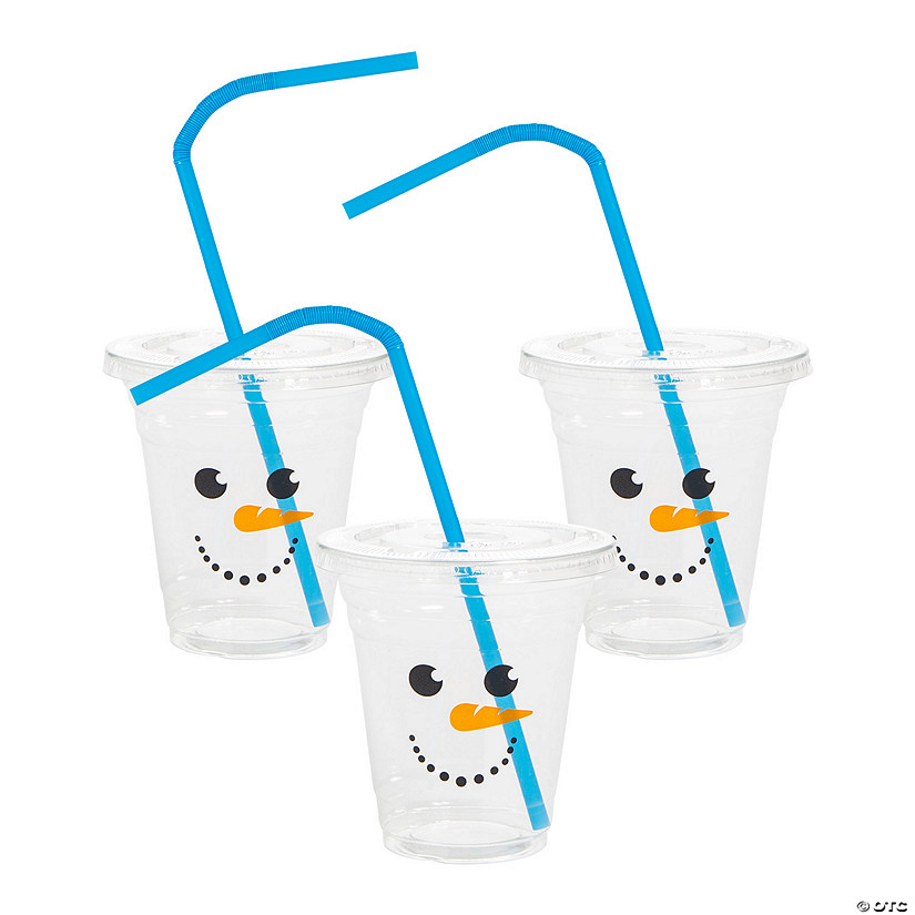 12 oz. Bulk 50 Ct. Clear Snowman Disposable Plastic Cups with Lids & Straws Image
