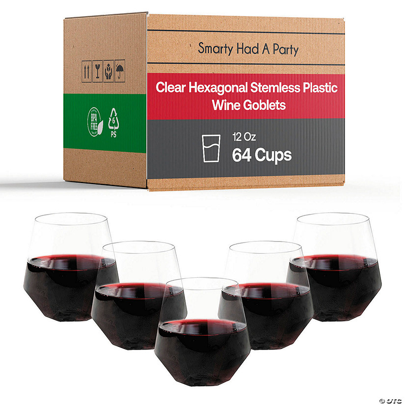 12 oz. Clear Hexagonal Stemless Plastic Wine Goblets - 16 Glasses Image