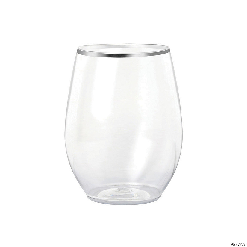 12 oz. Clear with Silver Elegant Stemless Plastic Wine Glasses (32 Glasses) Image
