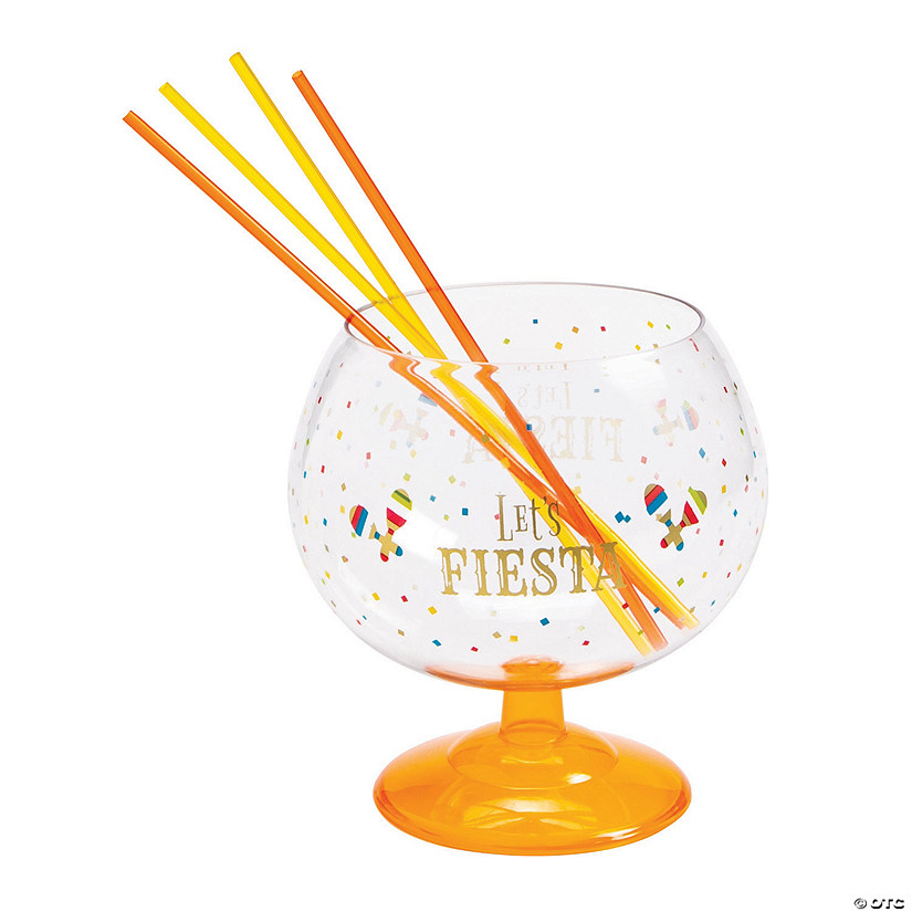 12 oz. Fiesta Reusable Plastic Fishbowl Cup with Straws - 5 Pc. Image