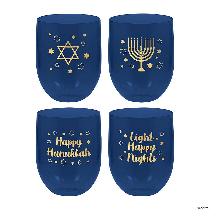 12 oz. Hanukkah Stemless Reusable Plastic Wine Glasses - 4 Ct. Image