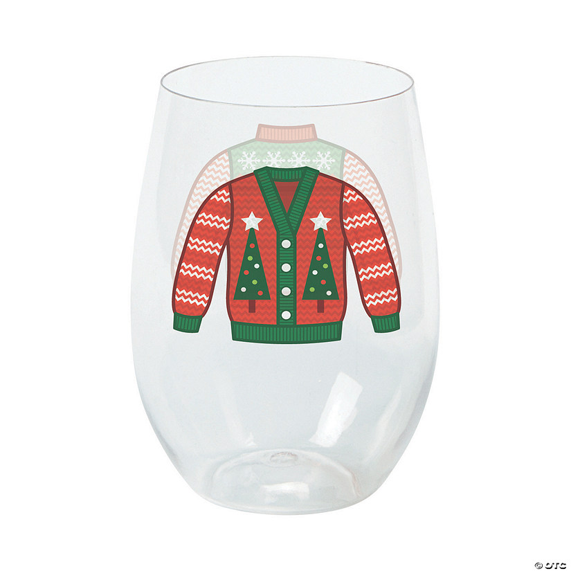 12 oz. Ugly Sweater Stemless Reusable Plastic Wine Glasses - 6 Ct. Image