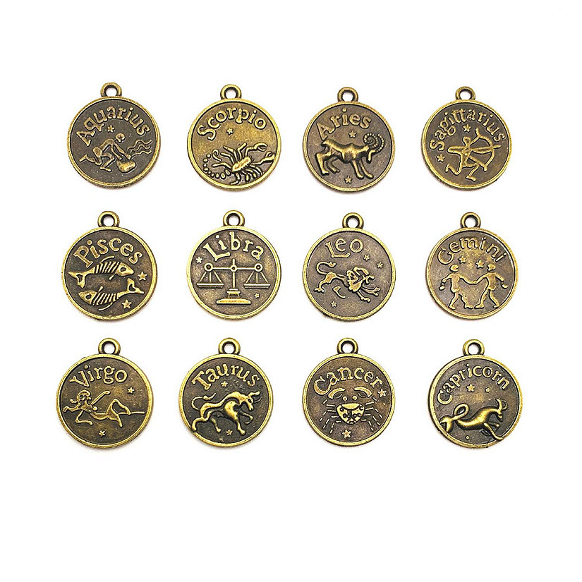 12 Pcs Bronze Zodiac Coin Charm Set Image