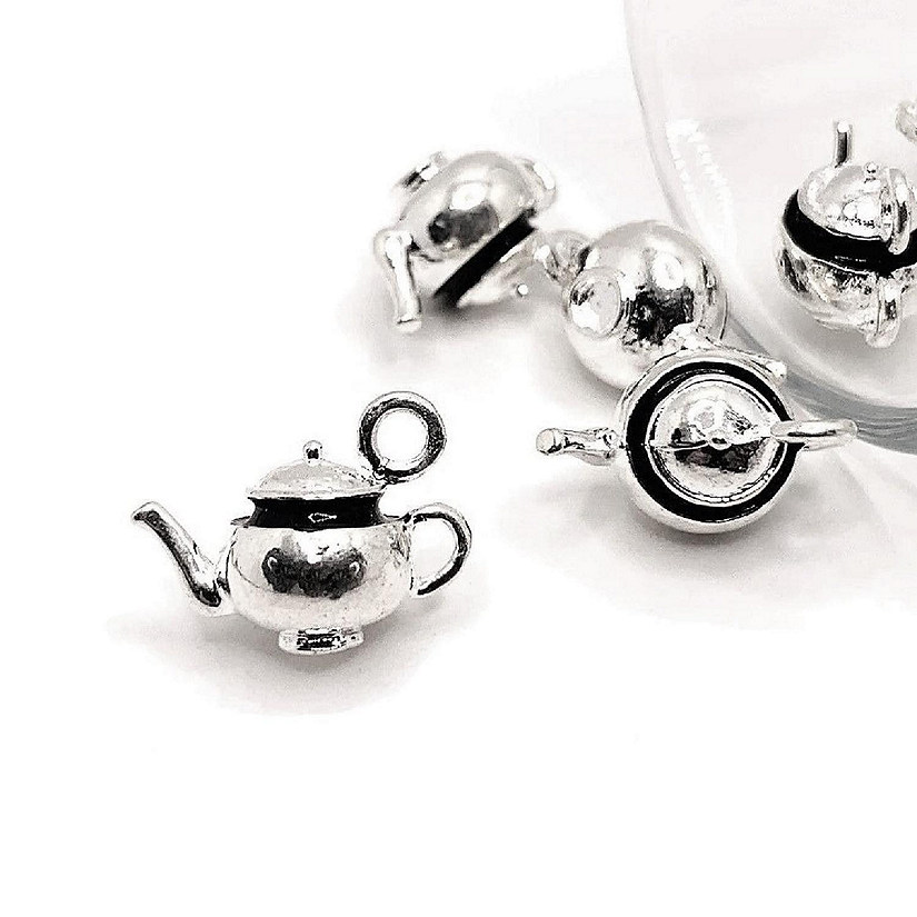 12 Pcs Silver Tea Pot Kettle 3D Charms Image