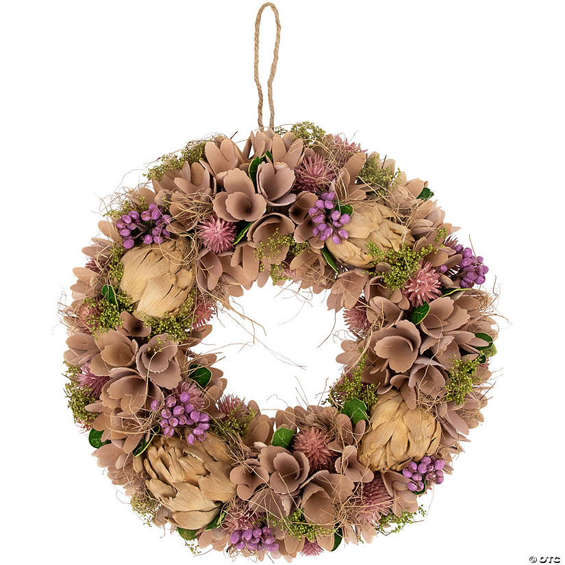 12" Purple and Beige Wooden Floral Spring Wreath with Preserved Artichoke Image