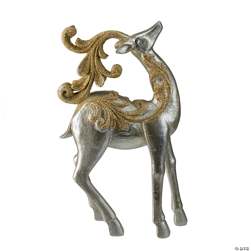 12" Silver and Gold Glitter Christmas TableTop Reindeer Figure Image