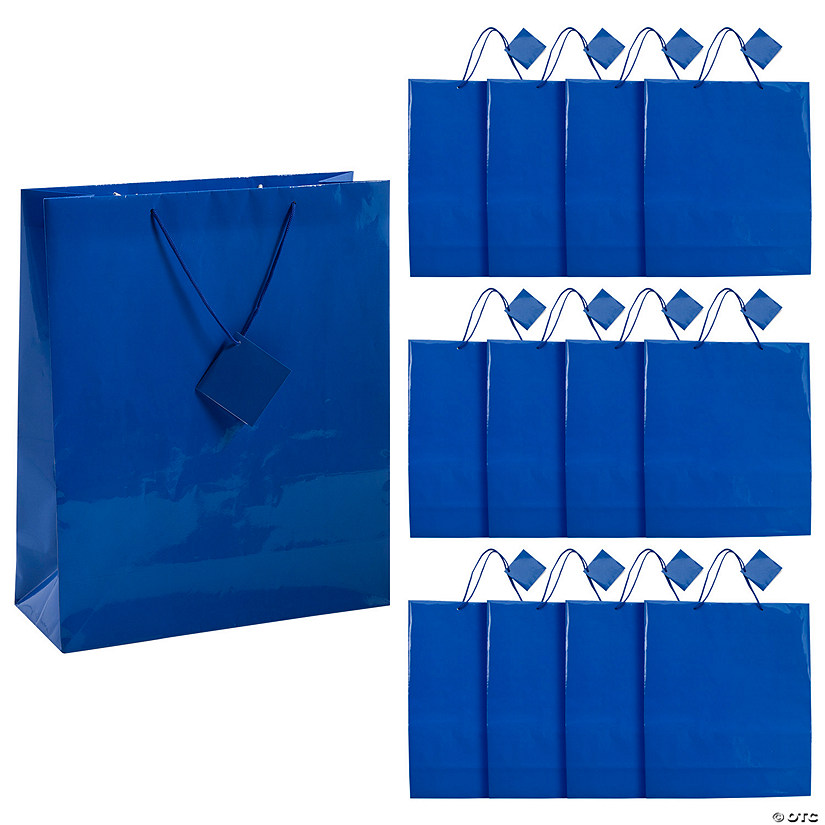 12" x 14 1/2" Extra Large Blue Paper Gift Bags with Tags - 12 Pc. Image