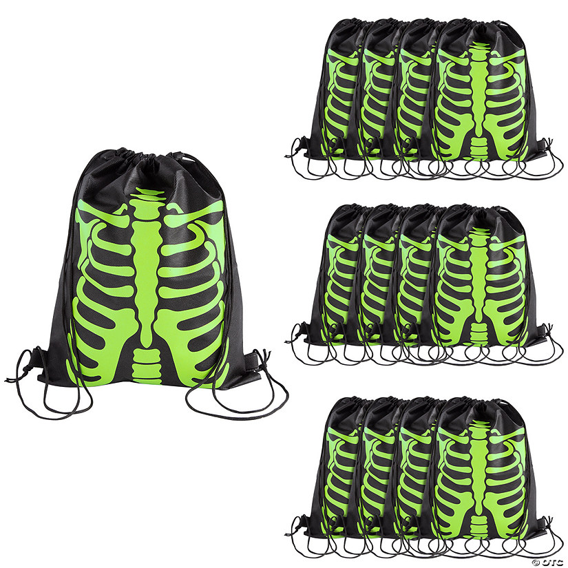 12" x 15" Medium Glow-in-the-Dark Skeleton Nonwoven Drawstring Bags &#8211; 12 Pc. Image