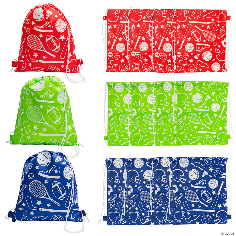12" x 15" Medium Sports Nonwoven Drawstring Bag Assortment - 12 Pc. Image