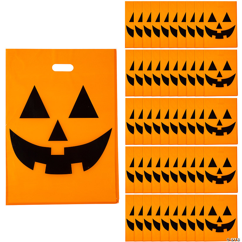 12" x 17" Bulk 50 Pc. Large Jack-O&#8217;-Lantern Halloween Plastic Goody Bags Image