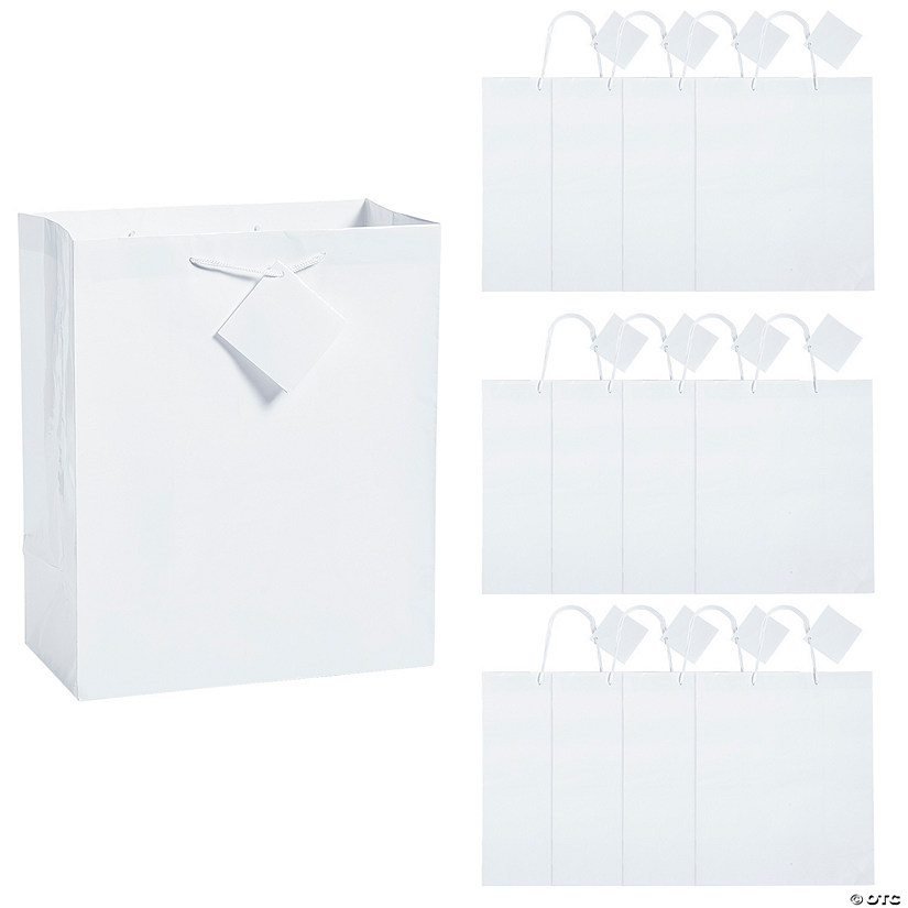 12" x 6 1/2" x 14 1/2" Extra Large White Paper Gift Bags with Tags - 12 Pc. Image