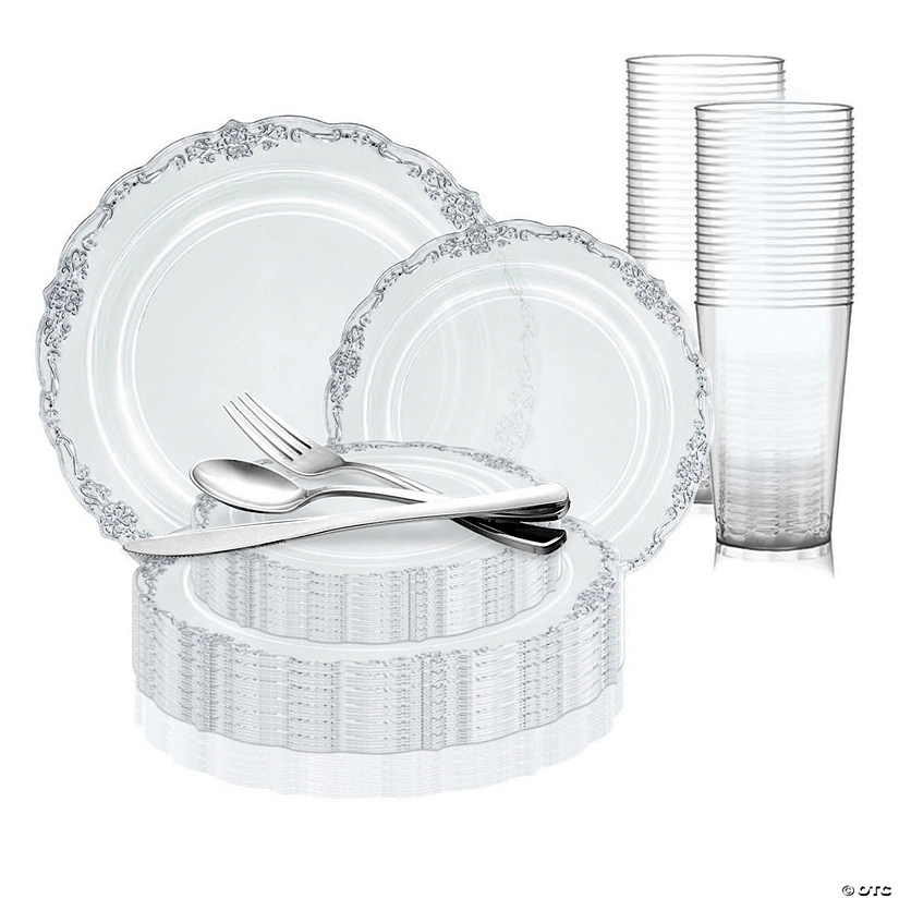 120 Pc. Clear with Silver Vintage Rim Round Disposable Plastic Wedding Value Set for 20 Guests Image