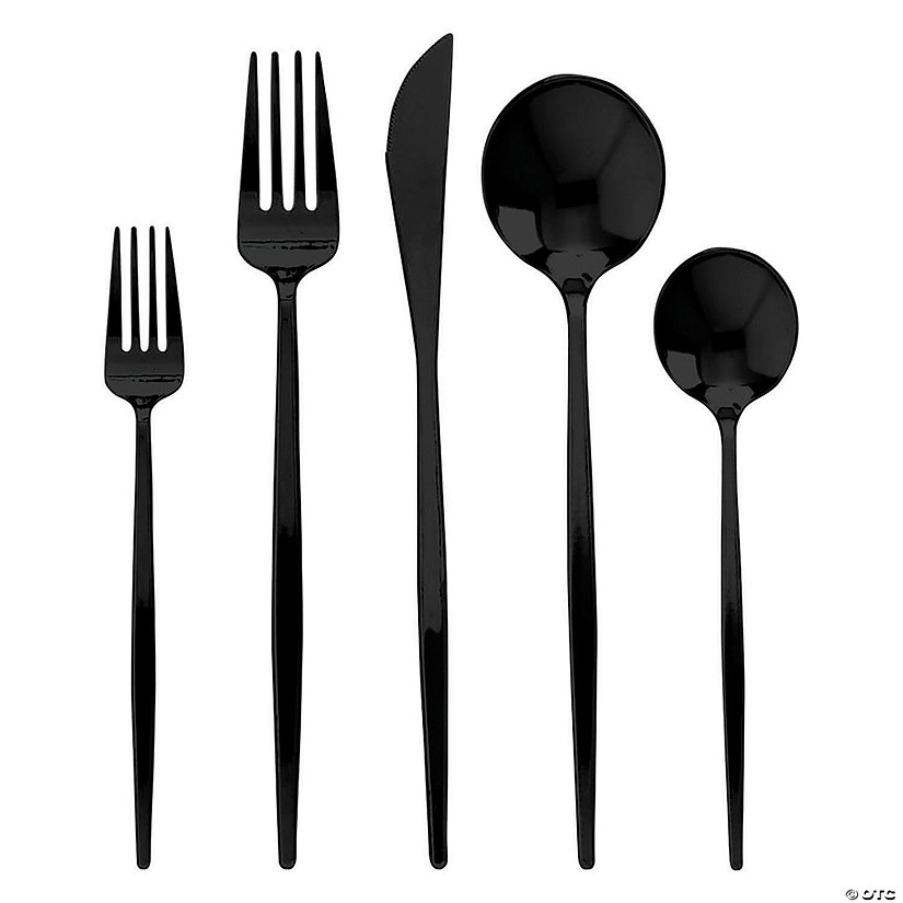 120 Pc. Solid Black Moderno Disposable Plastic Cutlery Set - Spoons, Forks, Knives, Dessert Spoons, and Dessert Forks (40 Guests) Image