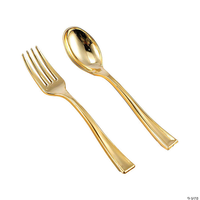 1200 Pc. Gold Disposable Plastic Mini Flatware Set - Dessert Spoons and Dessert Forks (600 Guests) Image