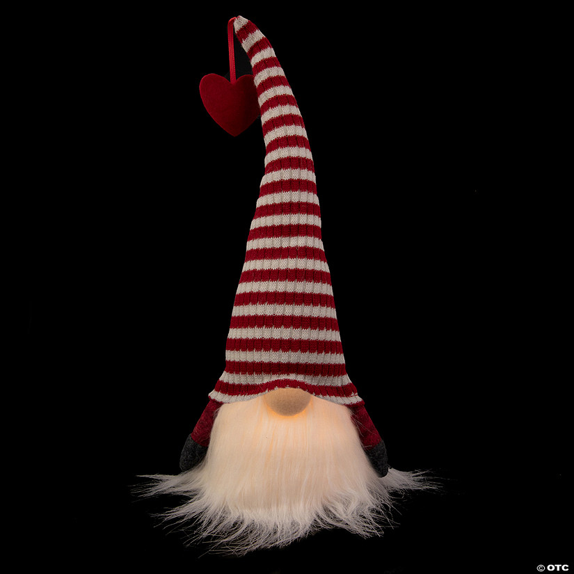 13.5" LED Lighted Red and White Striped Hat Valentine's Day Gnome Image