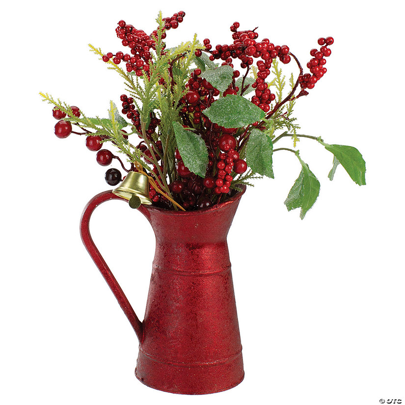 13" Red Berries and Foliage in Vintage Milk Pitcher Christmas Decoration Image