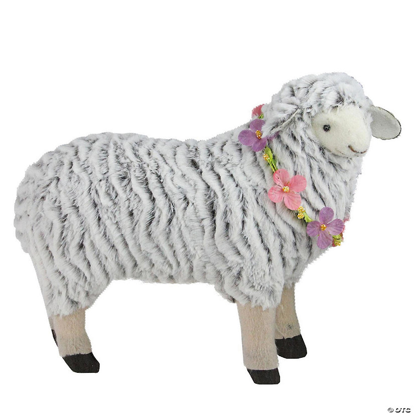 13" White and Brown Plush Standing Sheep Spring Easter Figure Image