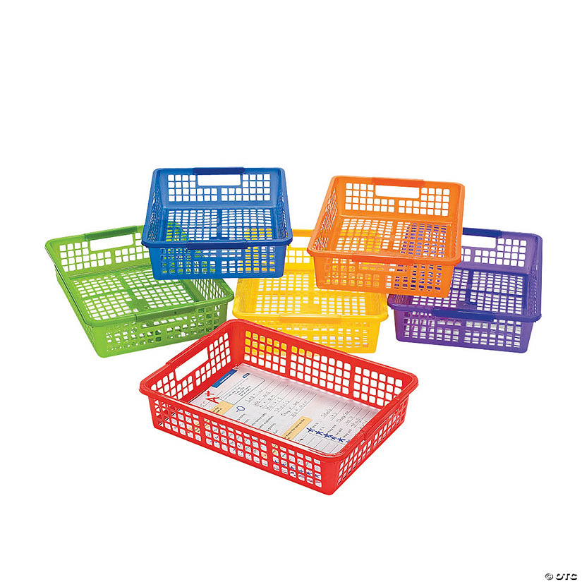 13&quot; x 9 3/4&quot; Classroom Storage Solid Color Plastic Baskets with Handles - 6 Pc. Image