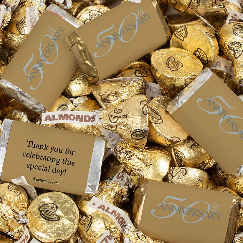 131 Pcs 50th Anniversary Candy Party Favors Miniatures & Gold Almond Kisses (1.65 lbs) Image