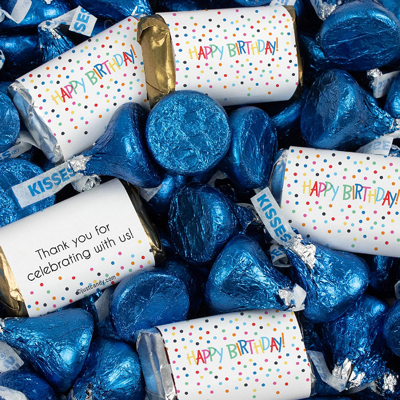 131 Pcs Birthday Candy Party Favors Hershey's Miniatures & Dark Blue Kisses (1.65 lbs) - Dots Image