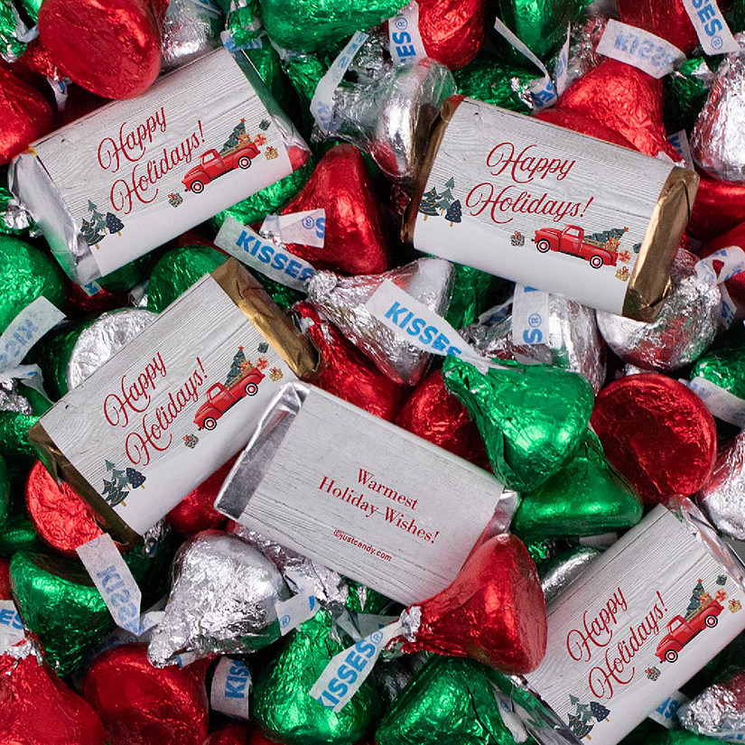 131 Pcs Christmas Candy Chocolate Party Favors Hershey's Miniatures & Red, Green & Silver Kisses (1.65 lbs, Approx. 131 Pcs) - Vintage Red Truck Image