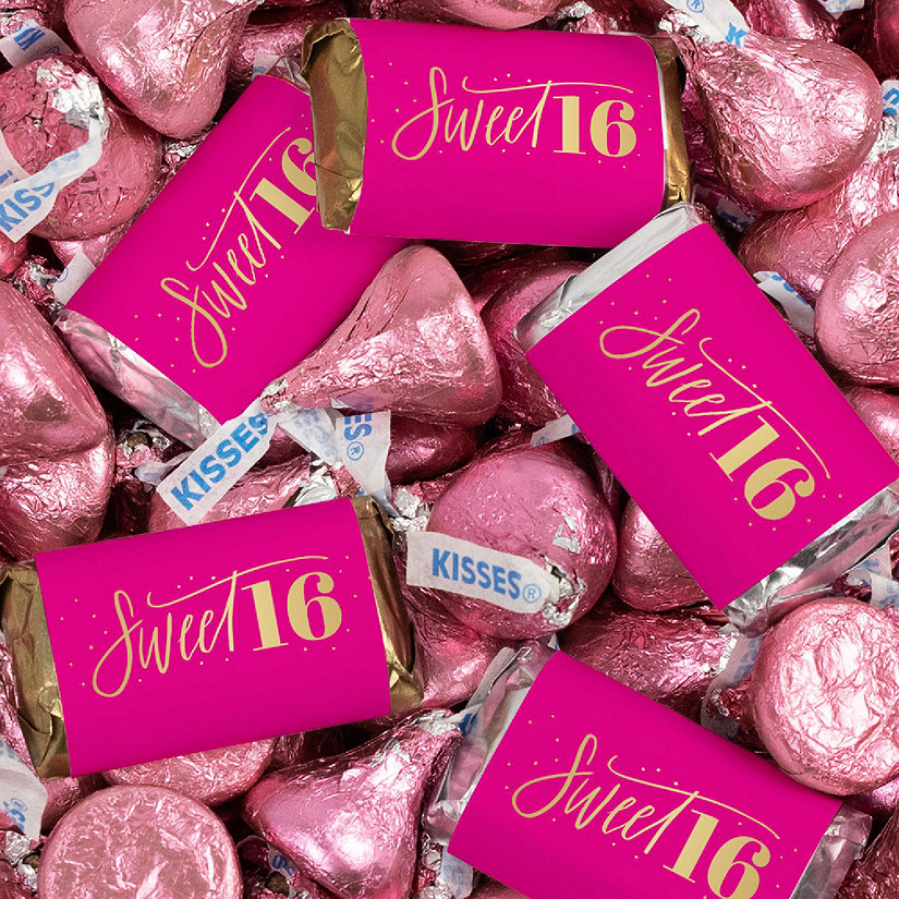 131 Pcs Sweet 16 Birthday Candy Party Favors Hershey's Miniatures & Kisses (1.65 lbs) - Pink & Gold Image