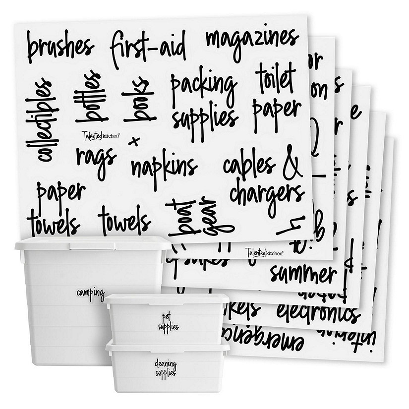 136 Garage Storage Labels for Plastic Containers, Preprinted Black Script on Clear Stickers for Organizing Bins Image