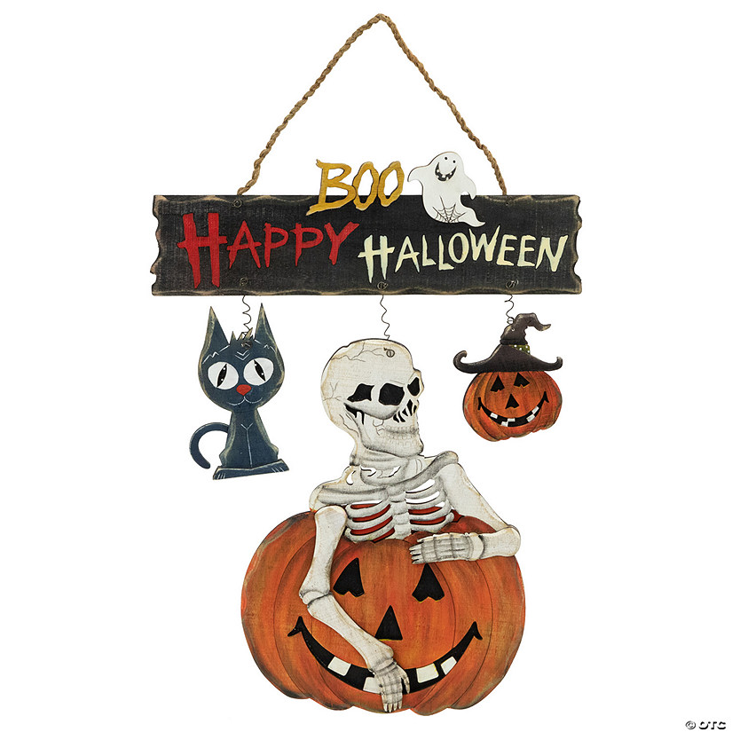 14.5" Skeleton with Jack-O-Lanterns and Black Cat "Happy Halloween" Hanging Decoraton Image