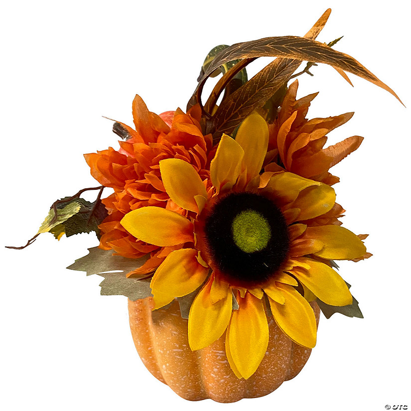 14.75" Yellow Sunflower and Mum Filled Pumpkin Thanksgiving Decor Image