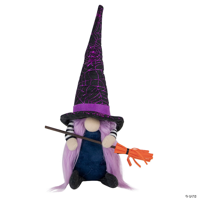14" Black and Purple Halloween Witch Gnome with Broom Image