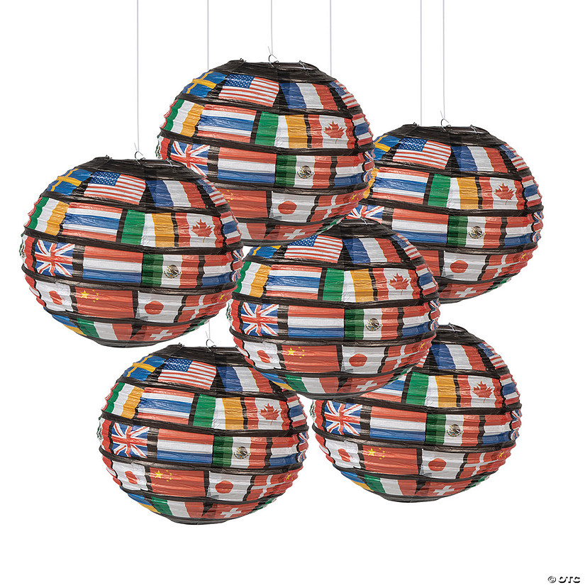 14" Flags of All Nations Hanging Paper Lanterns - 6 Pc. Image
