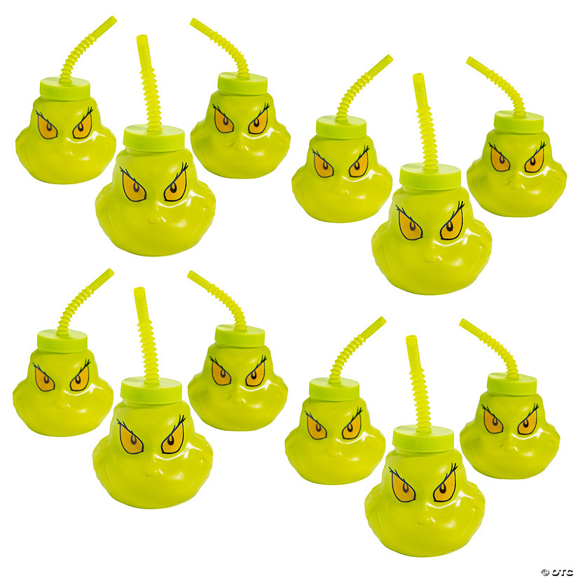 14 oz. Bulk 48 Ct. Dr. Seuss&#8482; Grinch-Shaped Reusable Plastic Cups with Lids & Straws Image
