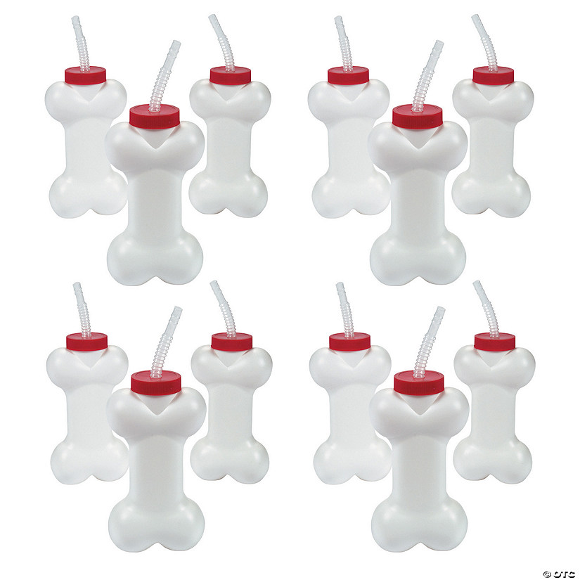 14 oz. Bulk 60 Ct. Dog Bone Reusable Plastic Cups with Lids & Straws Image