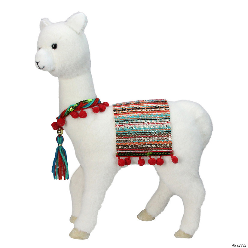 14" White Plush Bohemian Standing Llama Christmas Figure with Pom Poms Image