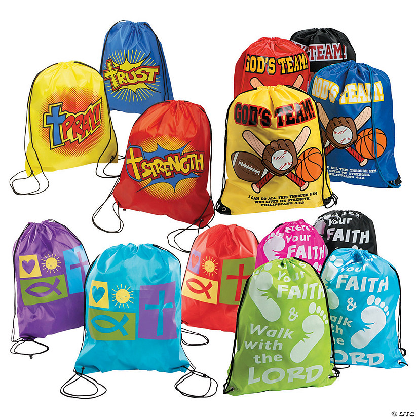 14" x 18" Bulk 48 Pc. Religious Kid&#8217;s Drawstring Bags Variety Pack Image
