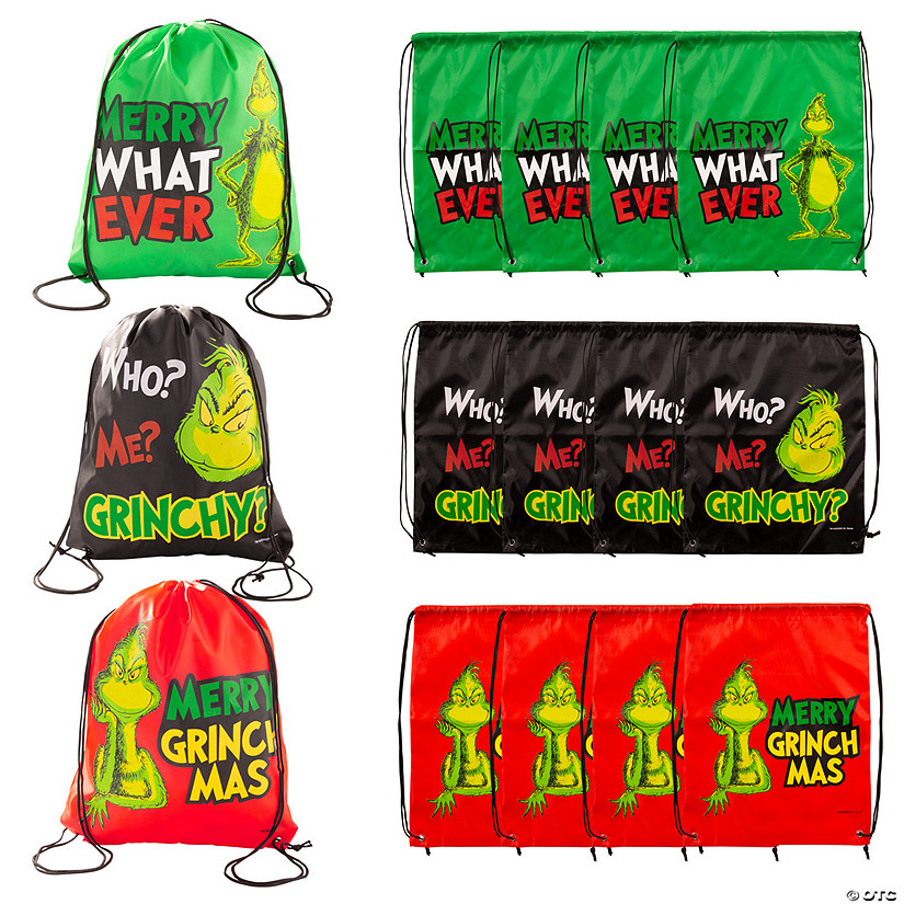 14" x 18" Large Dr. Seuss&#8482; The Grinch Nylon Drawstring Bags - 12 Pc. Image