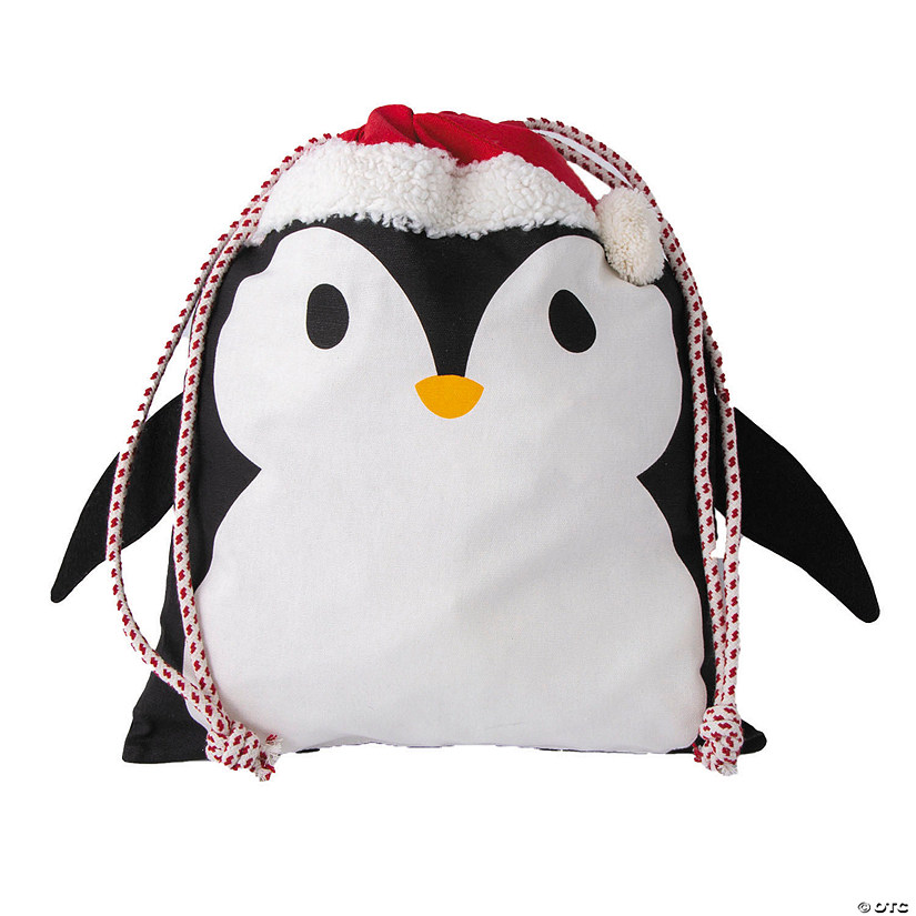 14" x 18" Medium Penguin in Christmas Hat Canvas Drawstring Bag Image