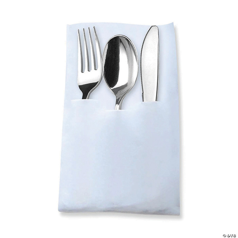 140 Pc. Silver Plastic Cutlery in White Pocket Napkin Set - Napkins, Forks, Knives, and Spoons (35 Guests) Image