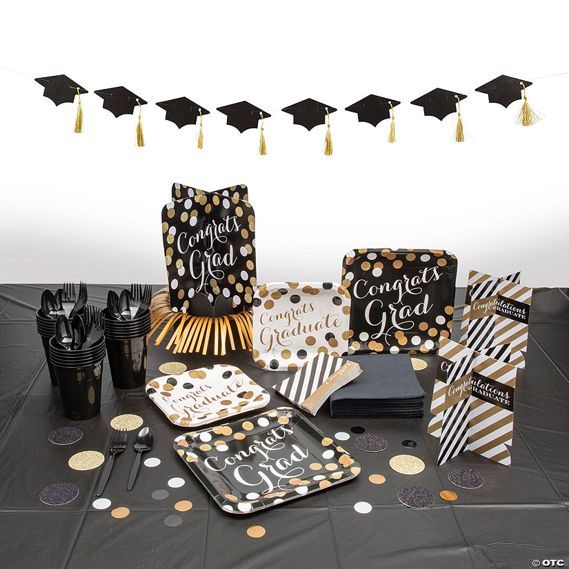 143 Pc. Black & Gold Congrats Grad Graduation Party Tableware Kit for 8 Guests Image