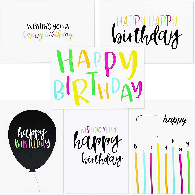 144Pack Blank Happy Birthday Cards Bulk Box Set, 6 Assorted Designs