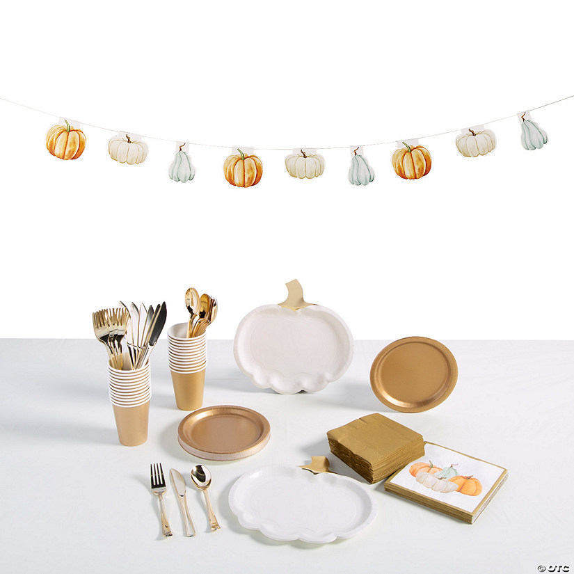 148 Pc. White & Gold Pumpkin Disposable Tableware Kit for 8 Guests Image