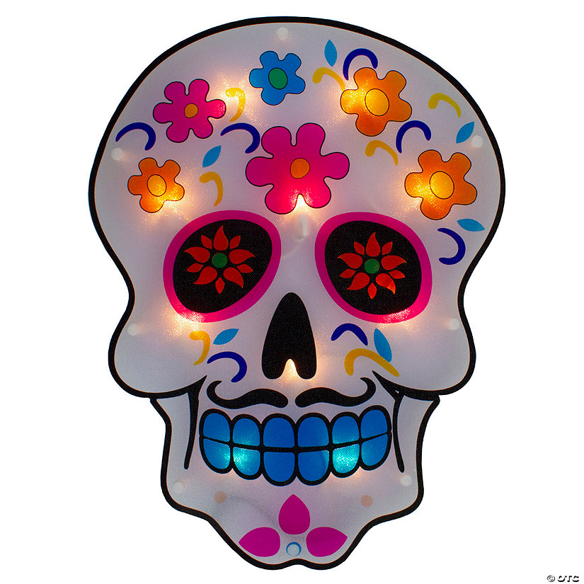 15" Lighted Day of the Dead Sugar Skull Halloween Window Silhouette Decor Image