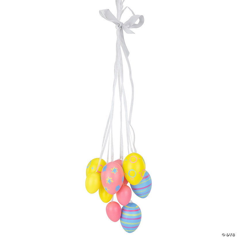 15" Pastel Pink  Yellow and Blue Floral Striped Spring Easter Egg Cluster Hanging Decoration Image