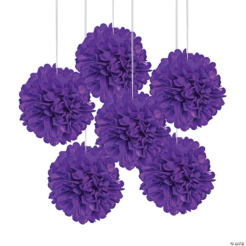 15" Purple Hanging Tissue Paper Pom-Pom Decorations - 6 Pc. Image