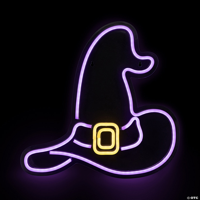 15" Purple LED Lighted Neon Style Witch Hat Halloween Window Silhouette Image