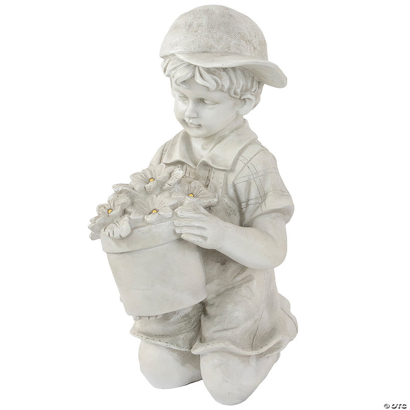 15" Solar LED Lighted Boy with Flowers Outdoor Garden Statue Image