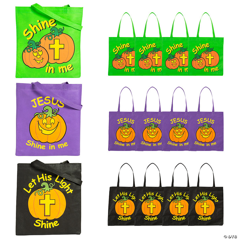 15" x 15" Large Nonwoven Glow-in-the-Dark Christian Pumpkin Tote Bags - 12 Pc. Image